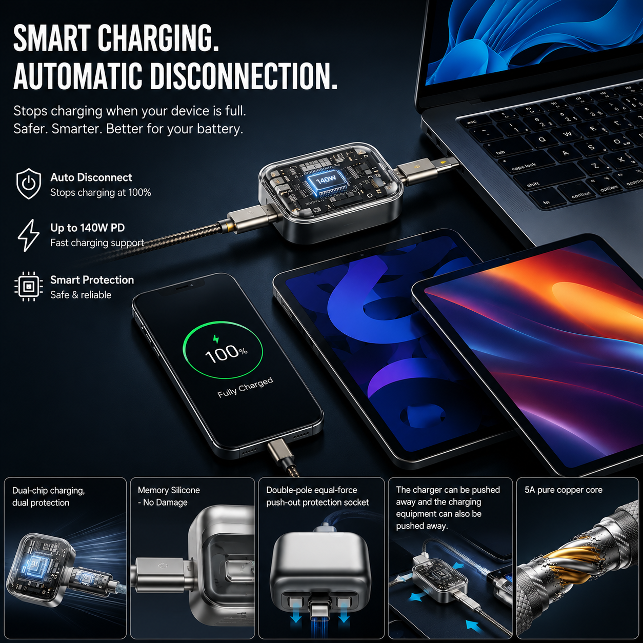 140W Smart Auto Disconnect Charging Adapter